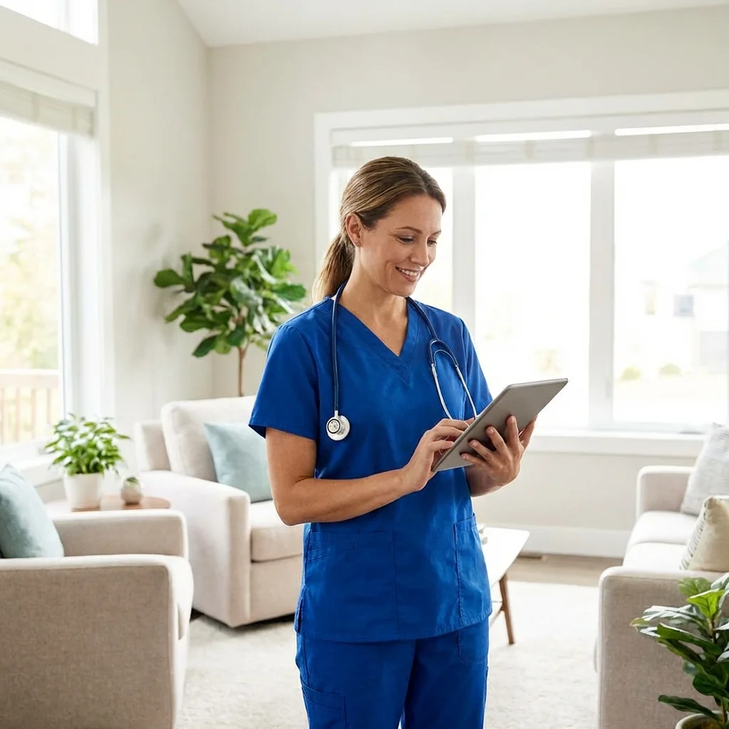 A compassionate OCHEAC nurse speaking with an elderly patient in a warm home environment