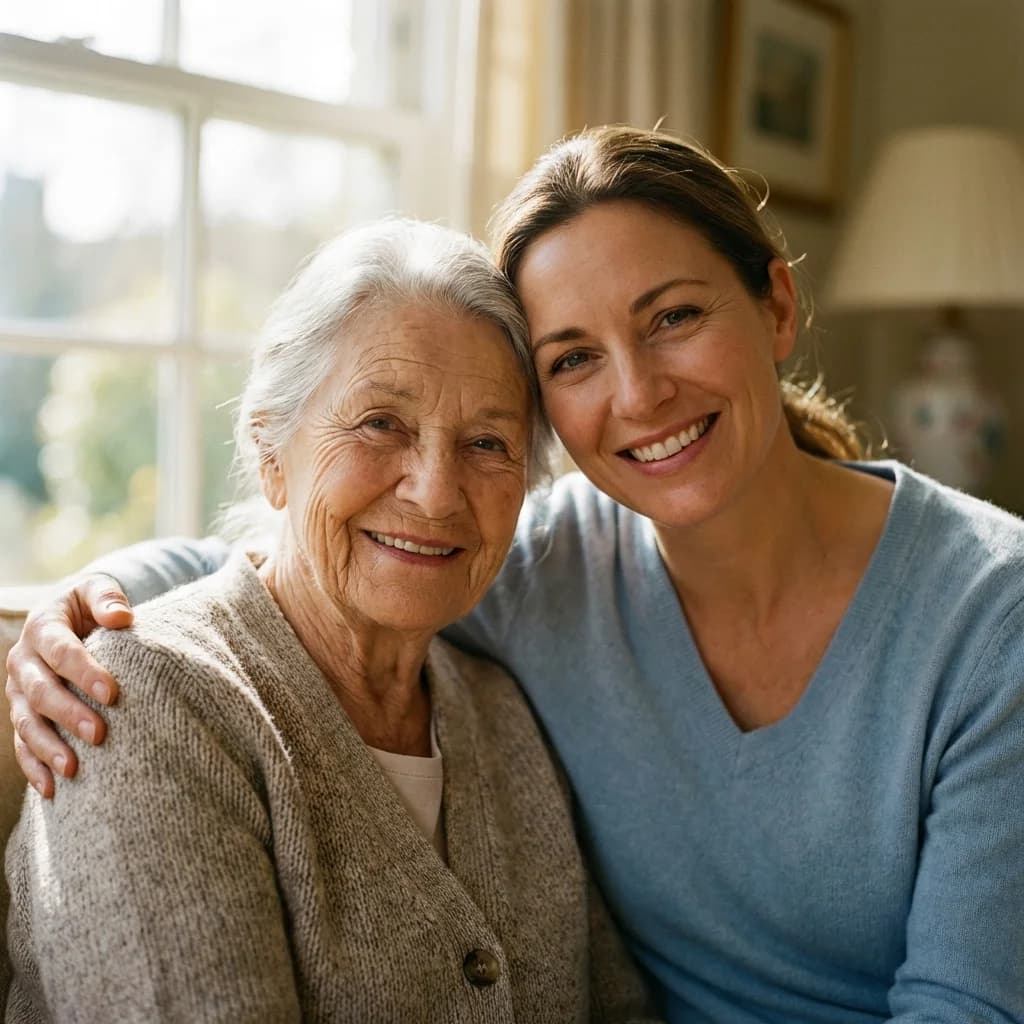 A smiling caregiver holding the hand of an elderly woman